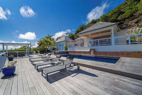 Lovely pool with steps, expansive terrace, sun loungers, outdoor dining table for 6 people. 