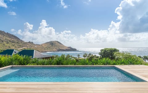 Heated pool, expansive terrace with sun loungers, deck chairs. Breathtaking views over the bay. Bar counter with stools on the terrace. 