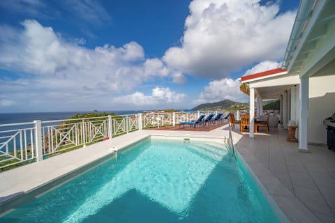 Beautiful terrace with outdoor lounge, nice pool facing the view, sun loungers. Gaz barbecue. 