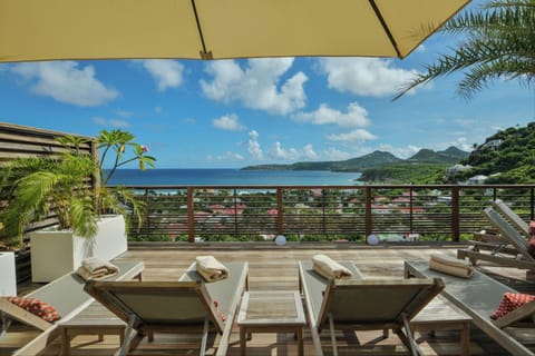 Nice heated pool, terrace with loungers and deck chairs. Lounge area on the covered terrace. 