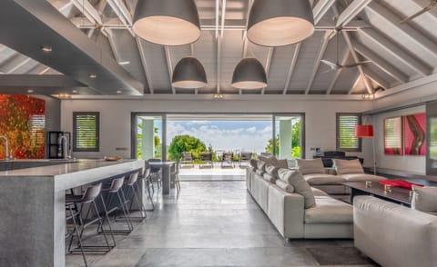 Expansive living area opening onto the terrace. HD-TV, Dish Network, Apple TV, ceiling fans. 