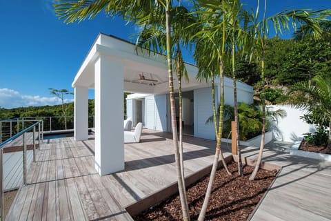 On the lower level. King size bed, air conditioning, HD-TV, Dish Network, safe, dressing room. Ensuite bathroom with rain shower, double sink, hair dryer, bathrobes, towels and beach towels. The bedrooms opens onto a private terrace with a private pool. 