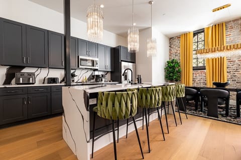 Comes stocked with all kitchen essentials. Counter dining for four.