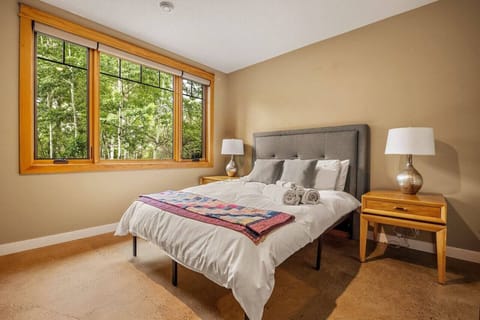 Bedroom one with queen sized bed and walk in closet.