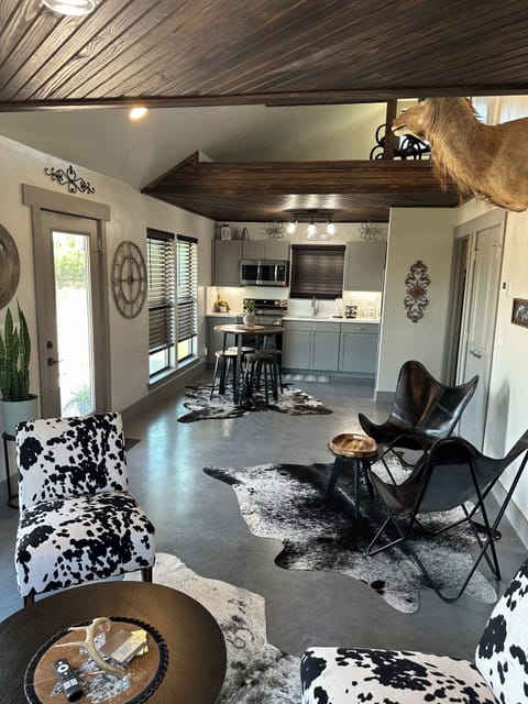 Family seating looking into the kitchen area