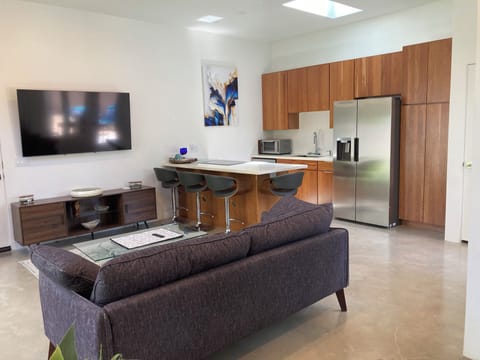 Living and kitchen with custom cabinates and stainless steel appliances.