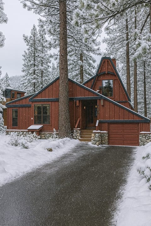 Front of cabin, nestled within beautiful pines