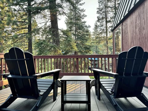 Deck off master bedroom overlooking Jeffrey Pines and creek