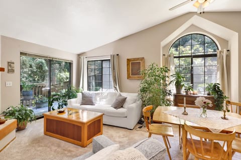 Beautiful natural light streams in through tall windows.