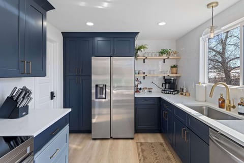 The open kitchen is newly updated.