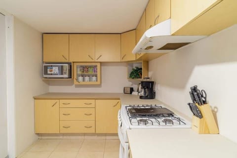 There’s a kitchen with everything you’d need to prepare a meal