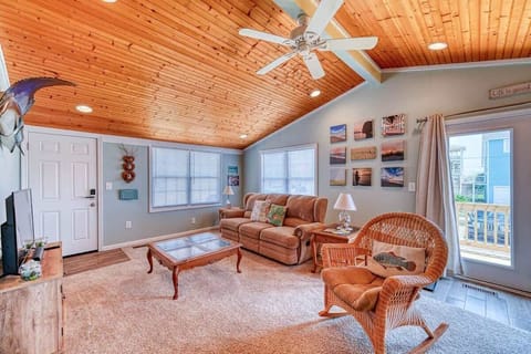 Living Room with Vaulted Beadboard Ceiling