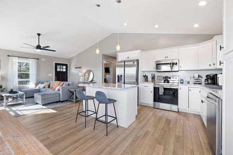 The kitchen has everything you could need to whip up a meal! Pots, pans, cutting boards, blender, cooking utensils, crockpot as well as salt, pepper and cooking oil!