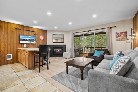 Open living room w gas fireplace, new sofa sleeper