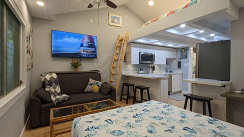 Studio with murphy bed down, loft queen bed above