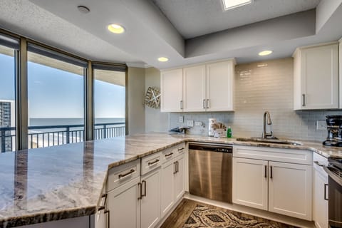 Well equipped kitchen with a view.