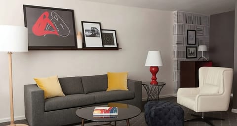 Kick back on the sofa and enjoy a cozy, modern lounge.