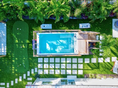 Aerial View of Backyard Amenities: This aerial perspective highlights the heated swim/spa, mini-golf course, and expansive backyard, all crafted for ultimate fun and relaxation