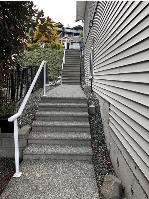 Stairs lead down to suite