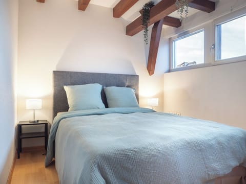 Queen-size bed with linen bedding, a soft duvet, and hotel-quality pillows.