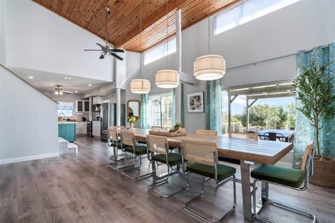 The dining room table seats 10 and is the perfect place for a family meal or a board game night!