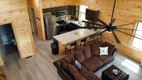 Overhead view of the great room and kitchen with built in eating/bar countertop