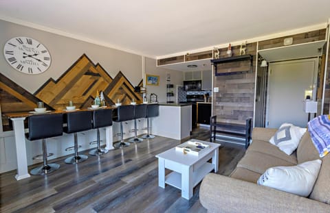 The comfortable eating bar sits six people.