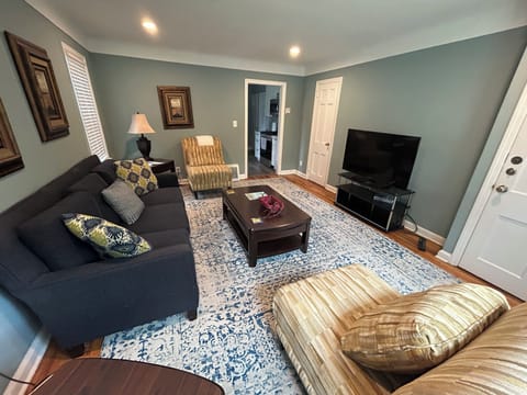 Warm cozy living room with 50 inch tv with roku