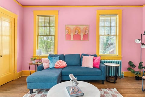 Dare to relax in this colorful, fun, and welcoming living room.