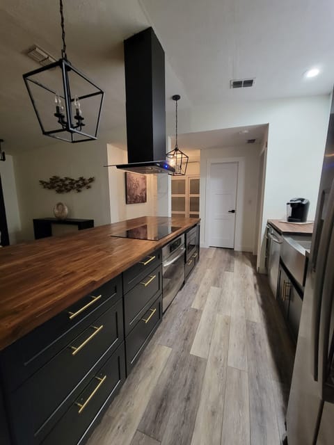 Designer kitchen with stainless steel appliances and induction cooktop.