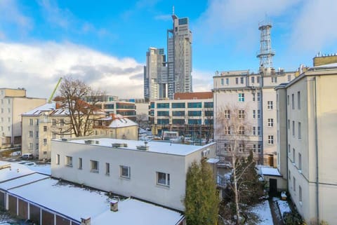 View of the cityscape with buildings and snow-covered ground, capturing a serene winter atmosphere.