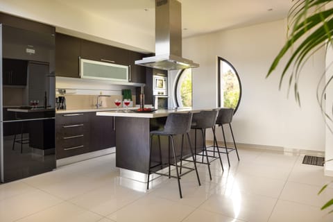 Fully equipped kitchen, boasting built-in appliances and an island counter.