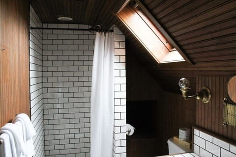 Rinse off in a bright shower beneath a cozy skylight.