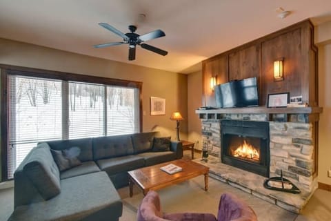 living room with wood fireplace