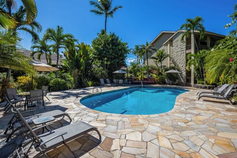 Relax beside a large pool that is surrounded by a beautiful stone deck, lots of coconut palms and fragrant flowers.
