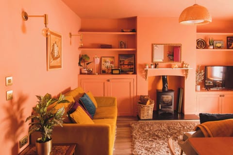 A warm-toned living area with rich terracotta walls, stylish furniture, and inviting textures.