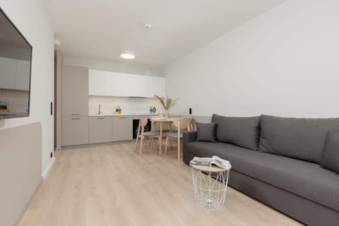 Living room with kitchenette and TV.