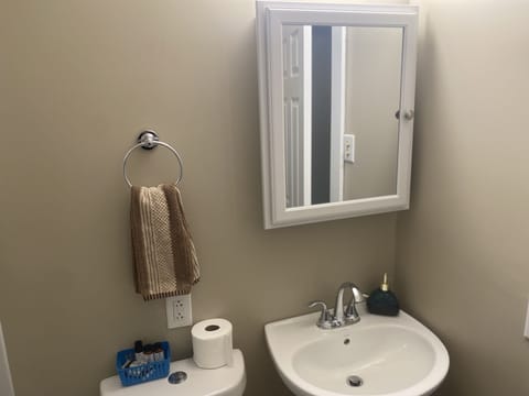 Bathroom, Lotion, shampoo, conditioner, toothbrush, floss.