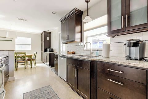 Galley kitchen equipped with Kuerig machine as well as a regular drip machine.