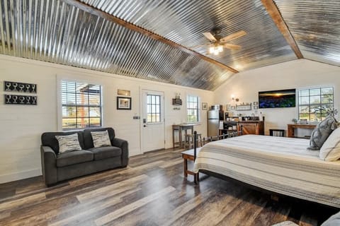 Cozy sofa to kick your feet up.