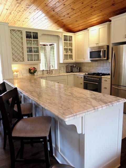 Chef's kitchen featuring marble countertops