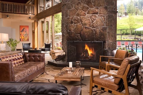 Warm up by the fireplace in the lobby.