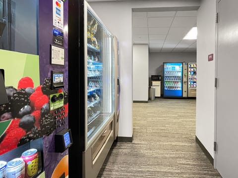 Vending available in lobby near elevator - healthy and fun options both!