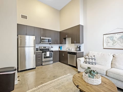 Open concept living - kitchen and living room 1 BR apartment