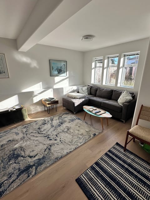 Bright living room view of garden and private yard. TV and electric fireplace