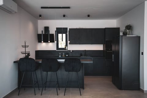 kitchen from the front with a bar place for three people and fridge with ice cube function