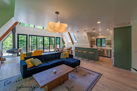 Great Room w/ Large Sectional | Hanging Woodburning Fireplace