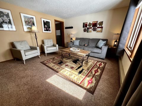 The living room features a queen size sleeper sofa and Smart TV.