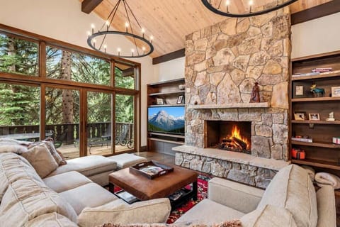 Living room with fireplace and 55" smart TV and gas fireplace