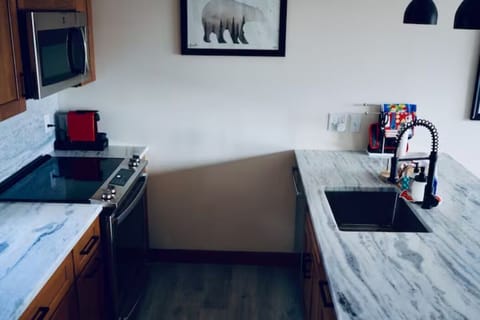 Newly-remodeled kitchen with stainless steel appliances.